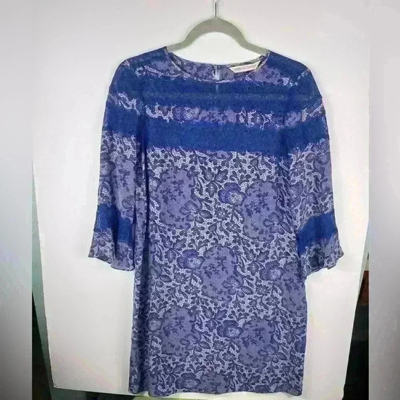 Rebecca Taylor Blue 100% Silk Lace Trim 3/4 Relaxed Fit Shift Dress Sz.2 Goth - Picture 2 of 9
